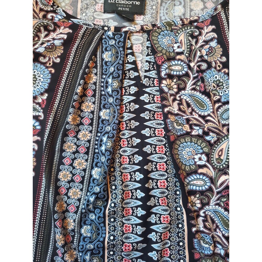 Liz Claiborne Career Petite Short Sleeve Key Hole Crew Neck Blouse Size PL Multi - Picture 9 of 15